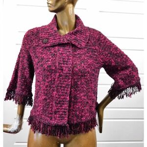 St John Cranberry Black Tweed Fringe Jacket sz M‎